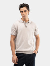 Beige Flat Knit Polo With Contrating Placket