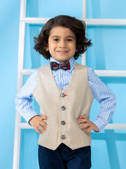 Beige Linen Textured Suit Vest With Bow