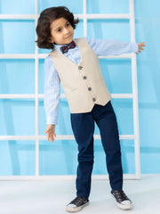 Beige Linen Textured Suit Vest With Bow