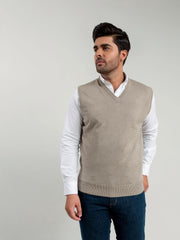 Beige Sleeveless V-Neck Sweater