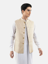 Beige Linen Blended Waistcoat With Golden Buttons
