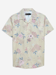 Beige Printed Floral Printed Cuban Collar Shirt