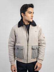 Beige Sherpa Collar Aviator Jacket With Cashmere Pockets
