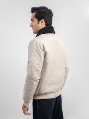 Beige Sherpa Collar Aviator Jacket With Cashmere Pockets