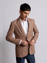 Beige & Maroon Houndstooth Wool Cashmere Blazer - Sartoria