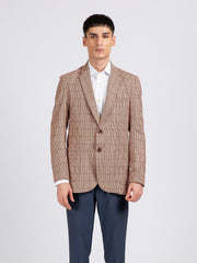 Beige & Maroon Houndstooth Wool Cashmere Blazer - Sartoria