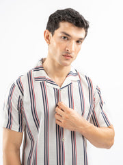 Beige & Red Striped Cuban Collar Shirt