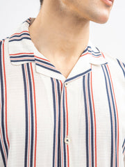 Beige & Red Striped Cuban Collar Shirt