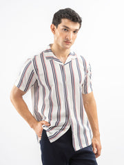 Beige & Red Striped Cuban Collar Shirt