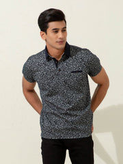 Black Floral Printed Polo Shirt