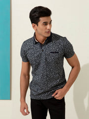 Black Floral Printed Polo Shirt