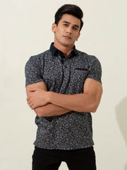 Black Floral Printed Polo Shirt