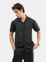 Black Light Weight Striped Cuban Collar Shirt