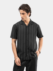 Black Light Weight Striped Cuban Collar Shirt