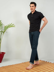 Black Self Collar Pique Polo