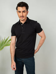 Black Self Collar Pique Polo