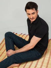 Black Self Collar Pique Polo