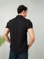 Black Self Collar Pique Polo