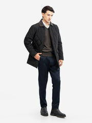 Black Sportsquilt Long Jacket With Corduroy Collar