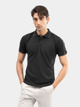 Black Multicolor Tipped Collar Pique Polo