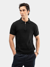 Black Textured Flat Knit Zipper Polo