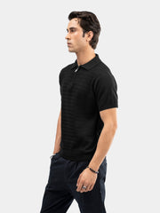 Black Textured Flat Knit Zipper Polo