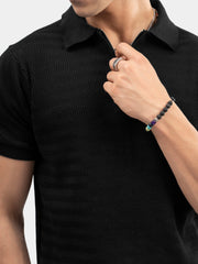Black Textured Flat Knit Zipper Polo