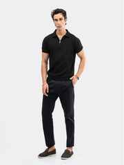 Black Textured Flat Knit Zipper Polo