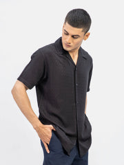 Black Dobby Structured Half Sleeve Cuban Collar Shirt