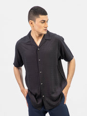 Black Dobby Structured Half Sleeve Cuban Collar Shirt