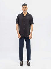 Black Dobby Structured Half Sleeve Cuban Collar Shirt
