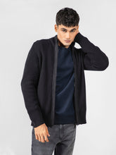 Black Knitted Textured Zipper Jacket With Detailing