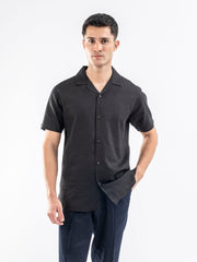 Black Linen Blended Half Sleeve Cuban Collar Shirt