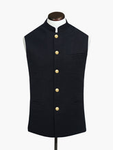 Black Linen Blended Waistcoat With Golden Buttons - Sartoria