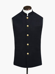 Black Linen Blended Waistcoat With Golden Buttons - Sartoria