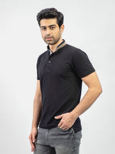 Black Mao Collar Polo Shirt With Detailing