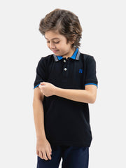 Black Pique Polo With Blue Collar