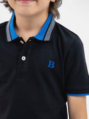 Black Pique Polo With Blue Collar