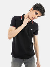 Black Pique Polo With Tipping Collar