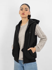Black Sleeveless Zipper Jacket With Hoodie - Women