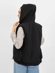 Black Sleeveless Zipper Jacket With Hoodie - Women