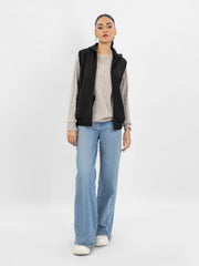 Black Sleeveless Zipper Jacket With Hoodie - Women
