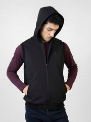 Black Sleeveless Zipper Jacket With Hoodie