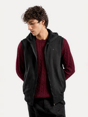 Black Sleeveless Zipper Jacket With Hoodie