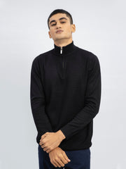 Black Wool Textured Half-Zip Sweater