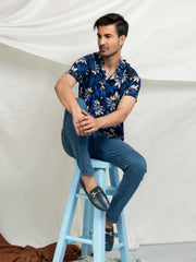 Black & Blue Viscose Printed Half Sleeve Shirt