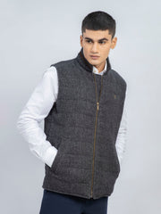Black & Grey Structured Wool Blended Sleeveless Quilted Jacket
