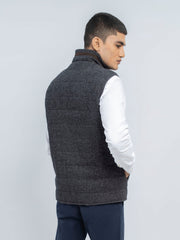 Black & Grey Structured Wool Blended Sleeveless Quilted Jacket