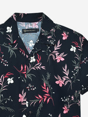 Black & Pink Floral Printed Cuban Collar Shirt