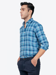 Blue 100% Linen Checkered Shirt